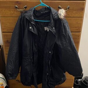 Woman Within Black Anorak W/ Detachable Faux Fur Hood & Quilted Lining